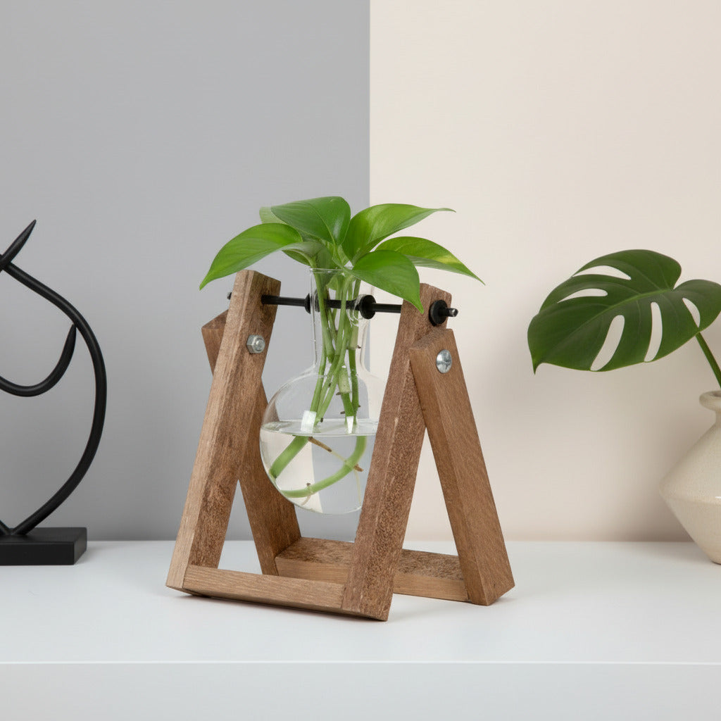 Stecklingshalter – Hydrokultur-Vase aus Glas & Holz – Pflanzstation Everspring
