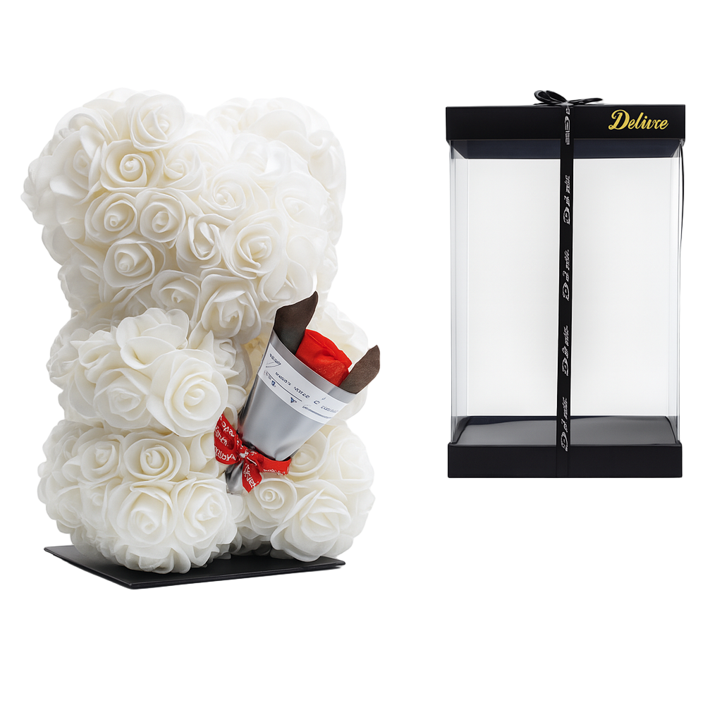 🎁 Beer DELUXE ↕25cm – Weiß Schaumstoff mit Blumenstrauß – in luxuriöser Geschenkverpackung Everspring