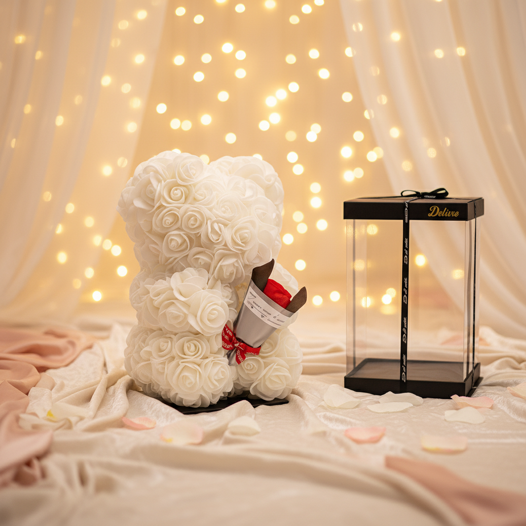 🎁 Beer DELUXE ↕25cm – Weiß Schaumstoff mit Blumenstrauß – in luxuriöser Geschenkverpackung Everspring