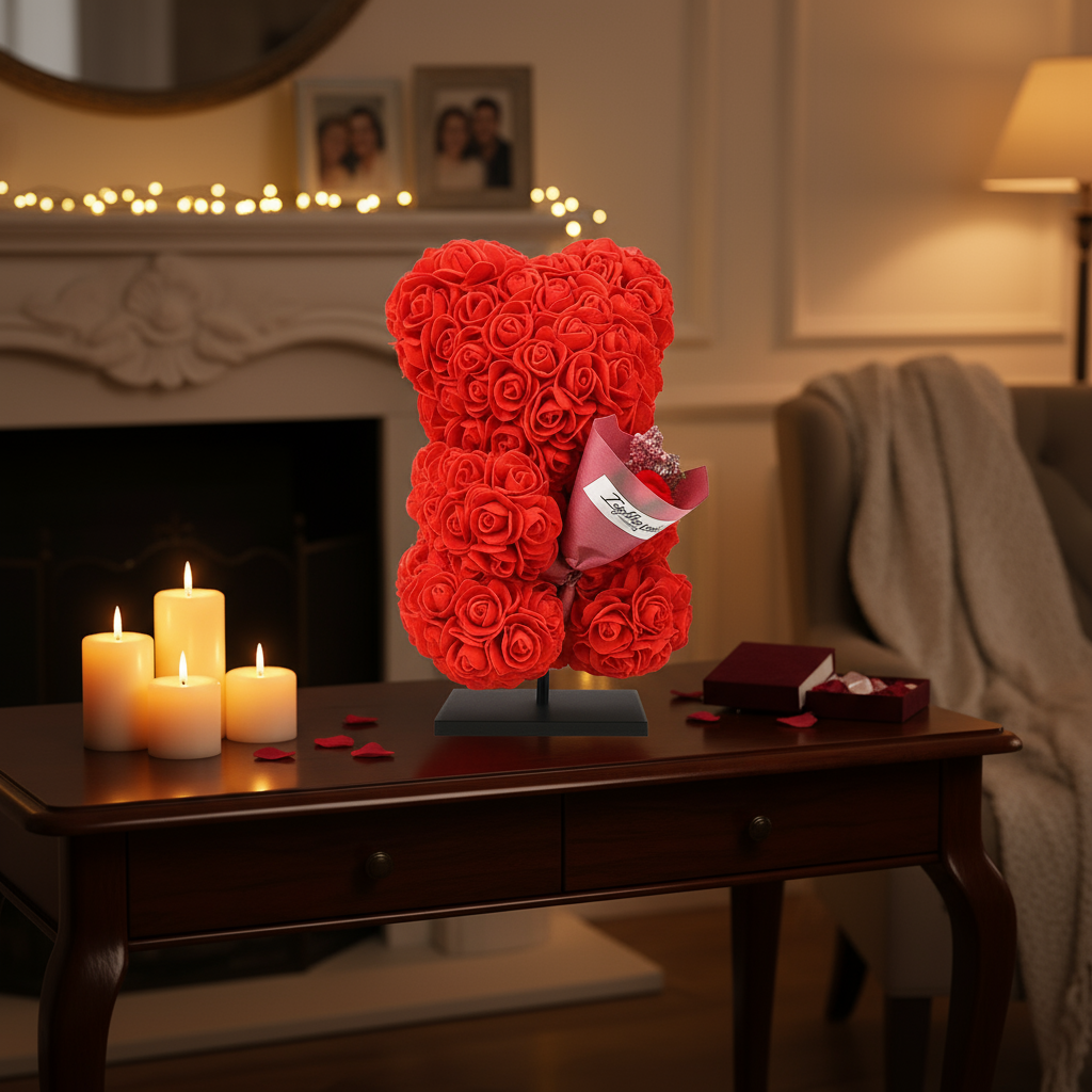 Beer DELUXE ↕25cm – Rot Schaumstoff mit Blumenstrauß – in luxuriöser Geschenkverpackung Everspring